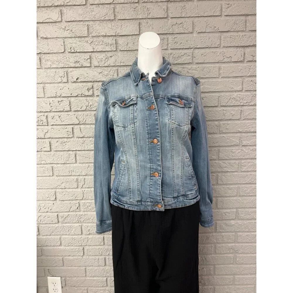 MNG Jeans Women Blue Stretch Long Sleeve Denim Jacket Size S